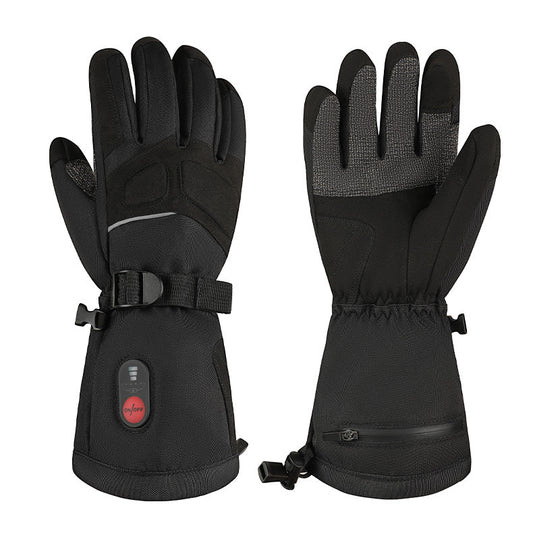 A pair of black heated winter gloves shown against a plain white background, with one glove displaying the back and the other showing the palm side with a wrist strap and control button.