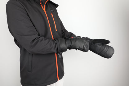 A person wearing a black jacket with bright orange zipper accents and black gloves, shown from the chest down against a light gray studio background.