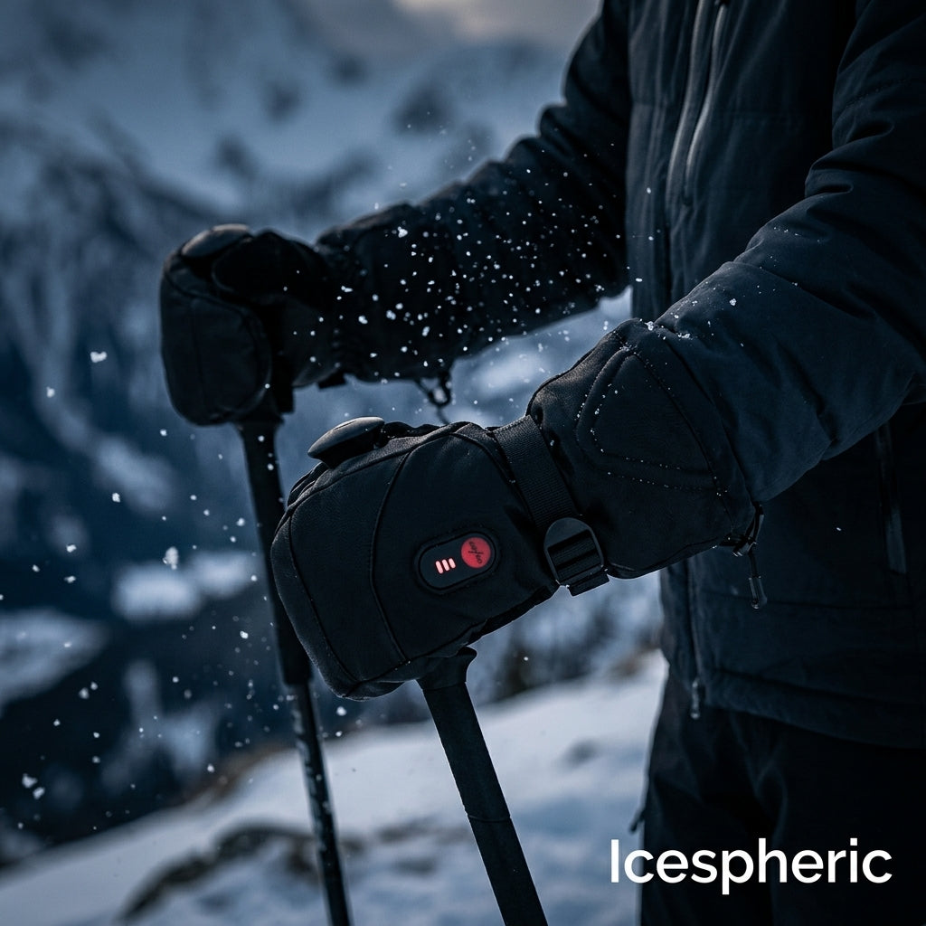 A close-up of a person wearing black winter gloves with a red and white logo, holding ski poles in a snowy mountain setting. The brand name 'Icespheric' is visible in the bottom right corner.