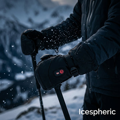 A close-up of a person wearing black winter gloves with a red and white logo, holding ski poles in a snowy mountain setting. The brand name 'Icespheric' is visible in the bottom right corner.