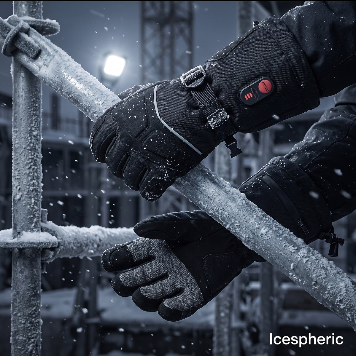 A close-up of a person wearing black insulated winter gloves while gripping an icy metal pole outdoors in the snow. One glove has a small red power button on the cuff.