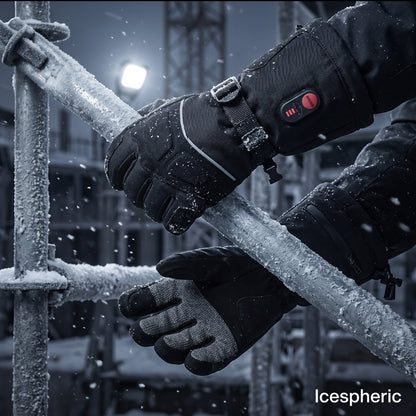 A close-up of a person wearing black insulated winter gloves while gripping an icy metal pole outdoors in the snow. One glove has a small red power button on the cuff.