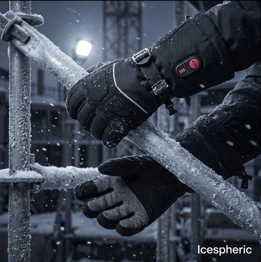 A close-up of a person wearing black insulated winter gloves while gripping an icy metal pole outdoors in the snow. One glove has a small red power button on the cuff.