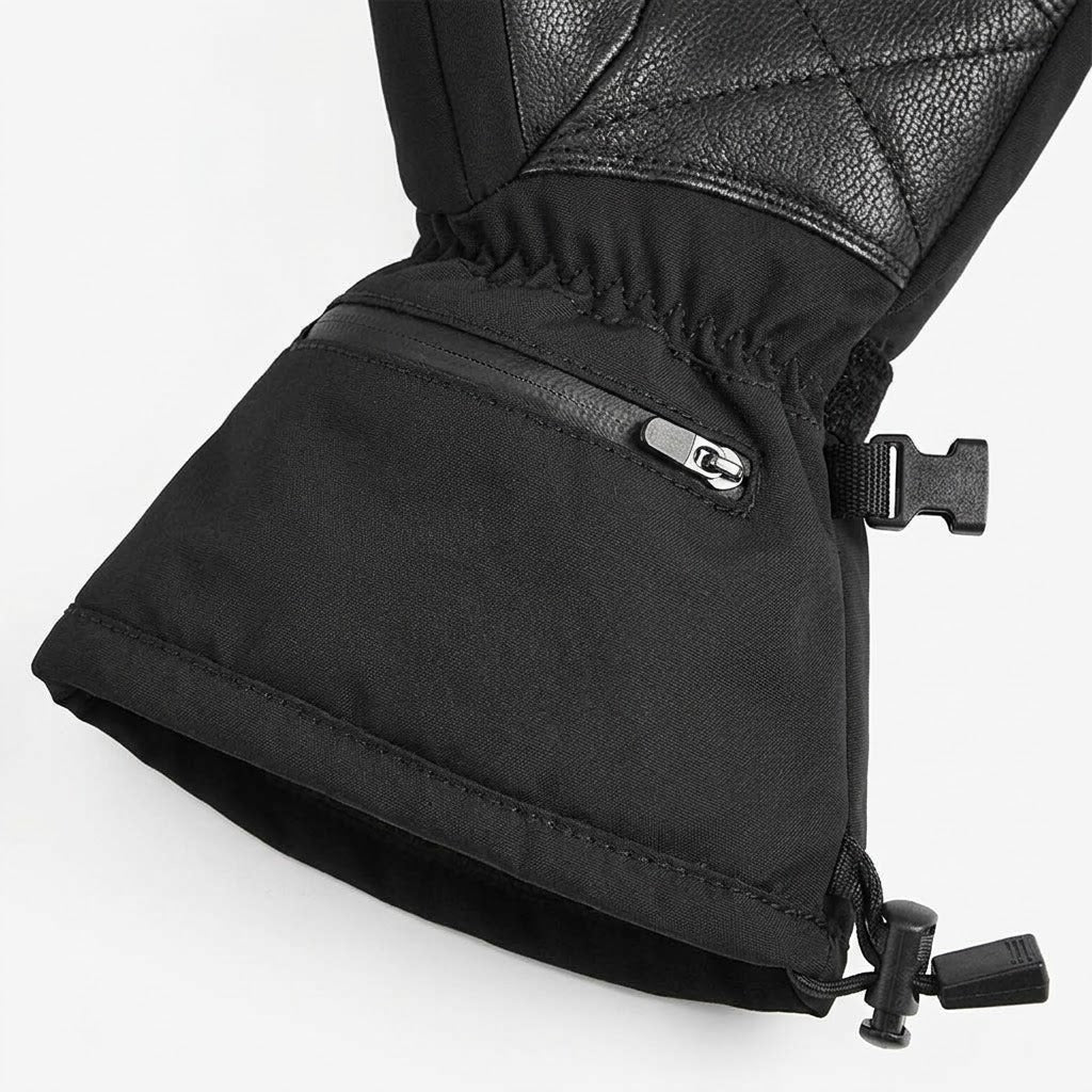 The zipped battery pocket on the cuff of a heated glove.