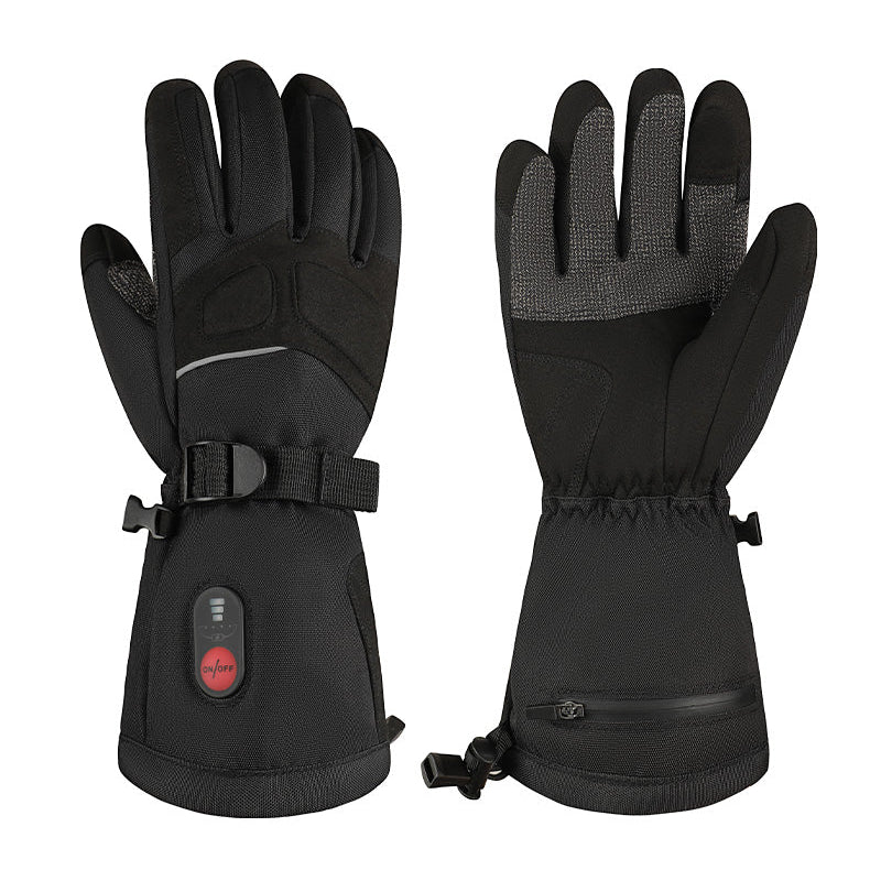 A pair of black heated winter gloves shown against a plain white background, with one glove displaying the back and the other showing the palm side with a wrist strap and control button.