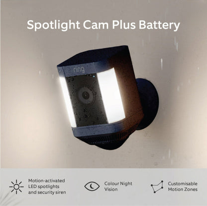 Ring Spotlight Cam Plus | Battery | Wireless | Outdoor Security Camera 1080p HD Video, Two-Way Talk, LED Spotlights, Siren